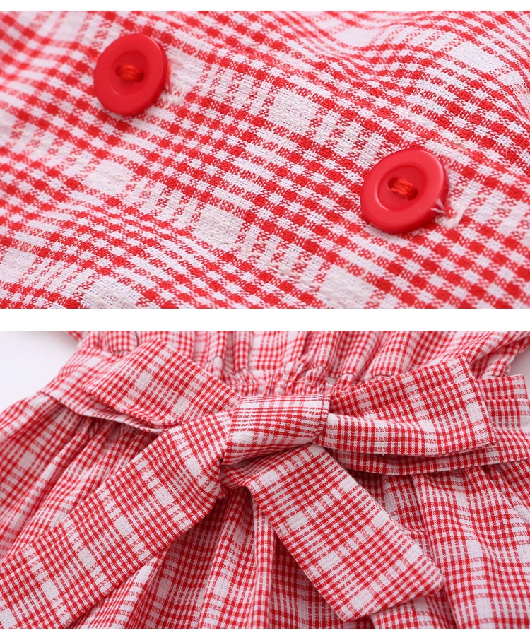 Summer Red Grid White Dress For Baby Girls_06