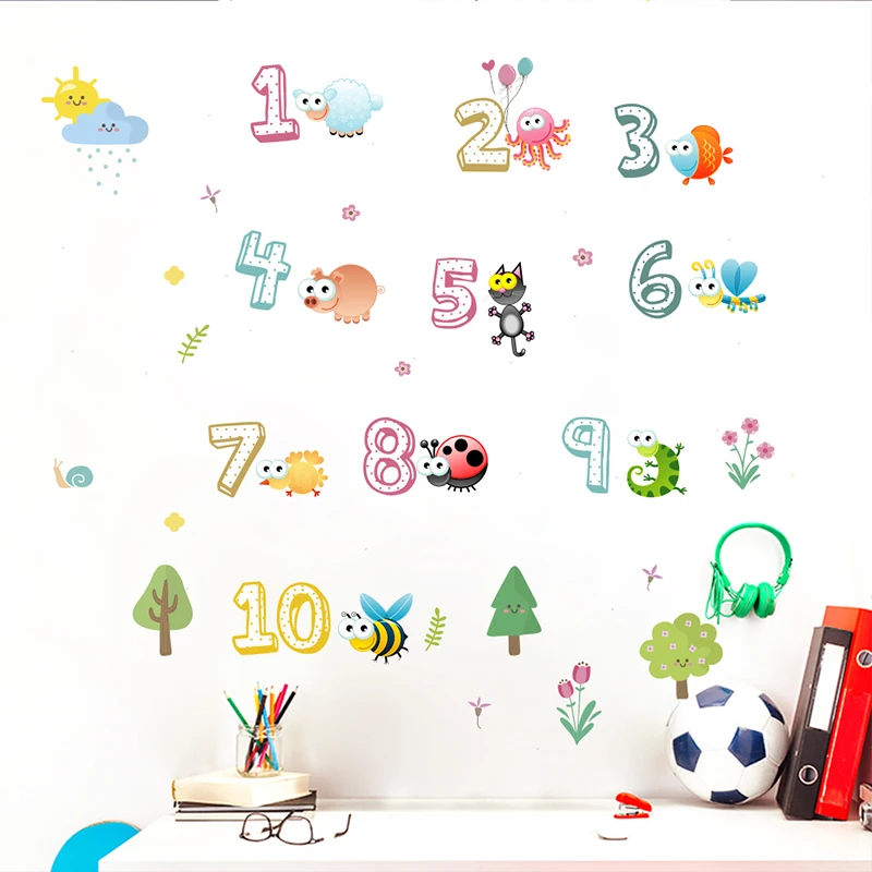 Cute Animals With Arabic Numbers Wall Stickers For Kindergarten Classroom Kids Room Home Decoration Nursery Mural Art Wall Decal