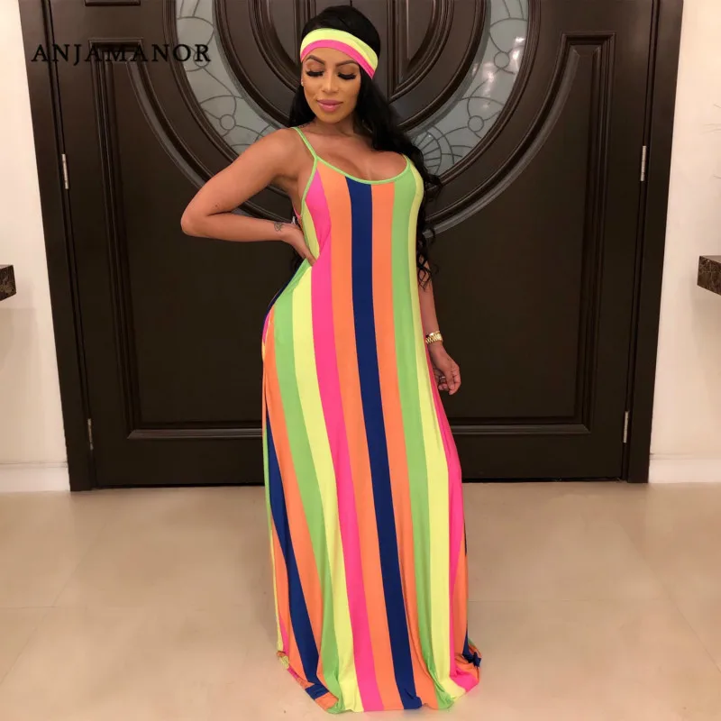 

ANJAMANOR Colorful Striped Print Casual Loose Long Maxi Dress for Woman 2019 Summer Fashion Sexy Beach Dresses D91-AF56