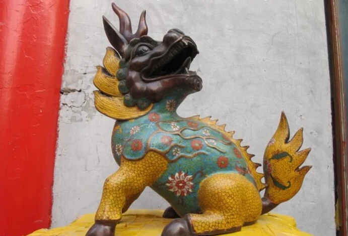

wholesale factory Chinese Royal 100% Bronze cloisonne Dragon Kylin Foo Dogs Lion statue