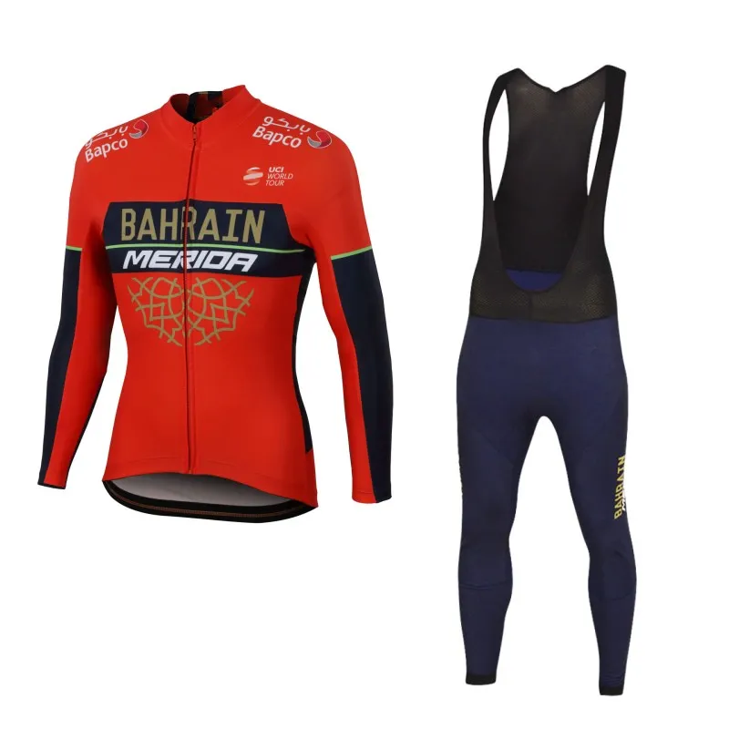 

all uci teams 2018 winte fleece pro team bahrain merida cycling jersey set mens warmer Bicycle maillot MTB bike clothing gel pad