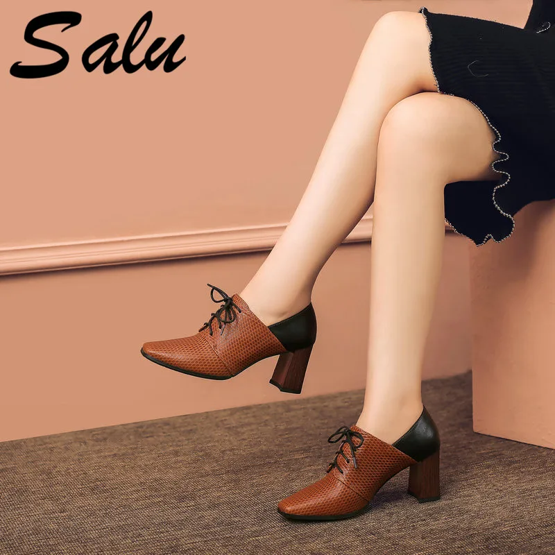 

Salu Genuine Leather Square Heels Shoes 7 Cm Heels Pumps High Heels Genuine Leather Pumps Party New Size 35-43