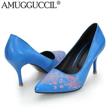 2017 New Plus Big Size 33-40 Blue Light-blue Black Pink Fashion Casual High Heel Girls Females Lady Womens Shoes Pumps D1045