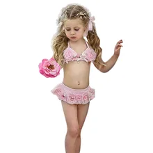 Детский купальник для девочек из полиэстера; купальный костюм из двух предметов; пляжный купальник-бикини без рукавов с бантом; купальник с цветами; K417