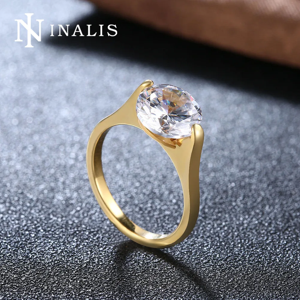 INALIS Fine Wedding Rings Gold Stainless Steel Round Big Zircon Rings