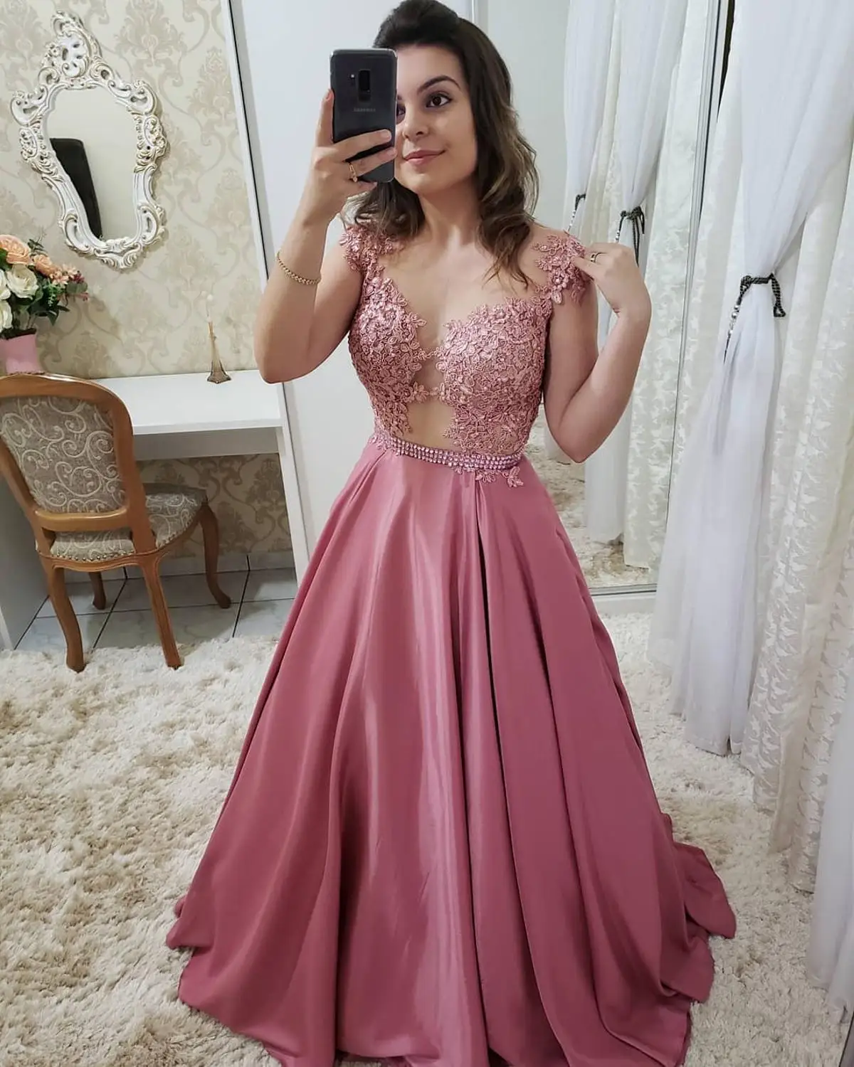 Vestidos de gala элегантное платье с коротким рукавом, кружевные Выпускные платья с аппликацией, длинное сексуальное вечернее платье трапециевидной формы с открытой спиной и поясом с бисером - Цвет: Розовый