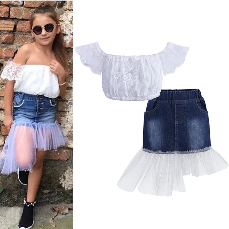 

Toddler Girls Clothing Sets 2019 Summer Girls Clothes Dew Shoulder T-shirt+Jeans Skirt Outfit Kids Clothes Children Clothing