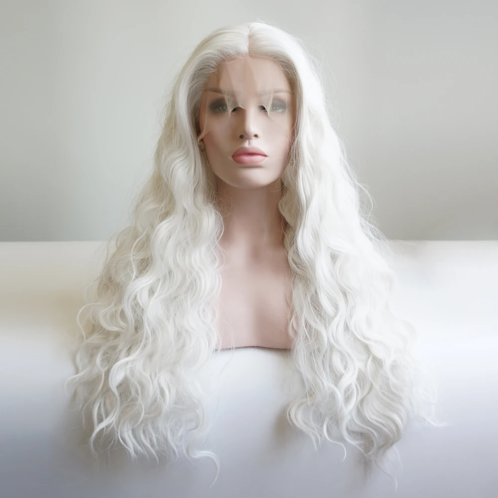 

24" Daily White Hair Curly Long Basic Halloween Lace Front Wig Heat Resistant+Cap H793338G