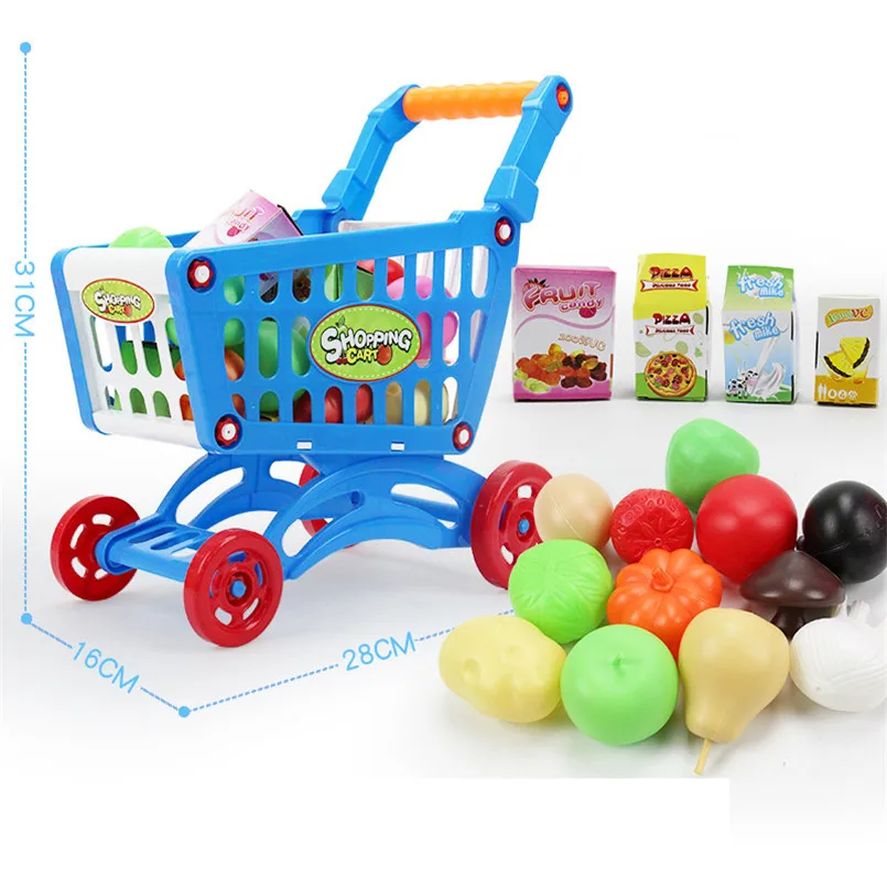16 шт. супермаркет корзина тележка толкатель игрушки Моделирование фрукты овощи Pretent играть продукты игрушки для девочек детские подарки - Цвет: Blue