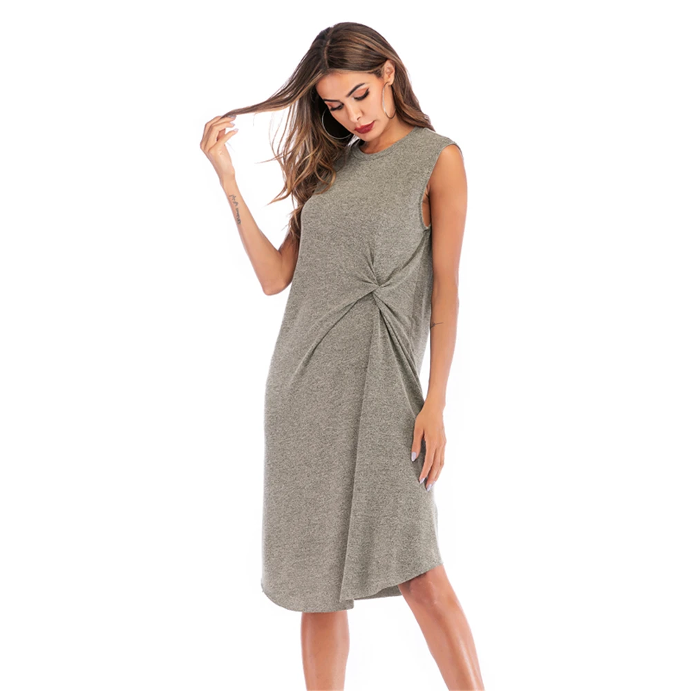 Louyebouho Women Summer Casual Sleeveless Pleated Dress Elegant Solid Gray Slim Party Dresses Ladies O Neck Vestidos Streetwear