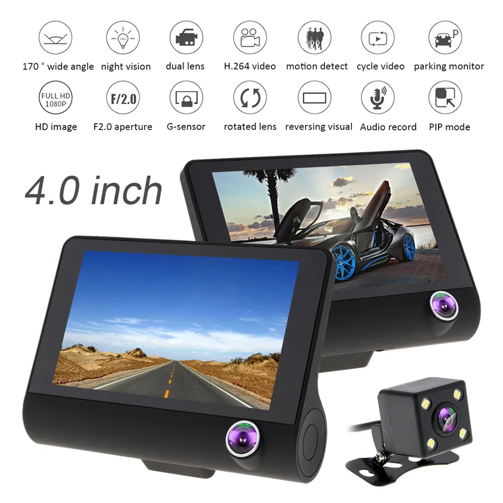 

HD 1080P 3-CH 4.0 Inch IPS Screen Full Car Recorder DVR Dash Camera G-Sensor Cyclic Recording + 170 Degree Rear View Camera