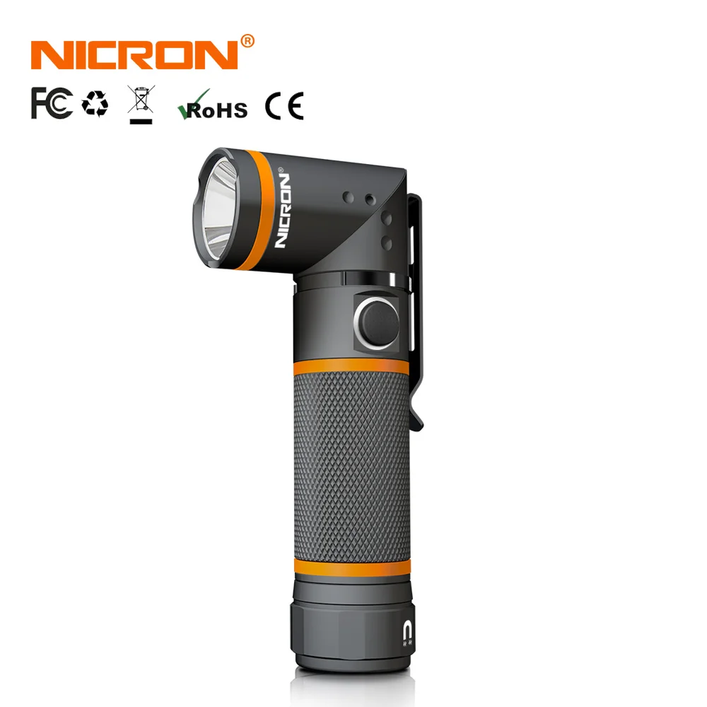 NICRON 90 Degrees Twist LED Flashlight Handfree Waterproof IP54 300 Lumens 5000CD Magnet LED Torch Light For Maintenance etc N72