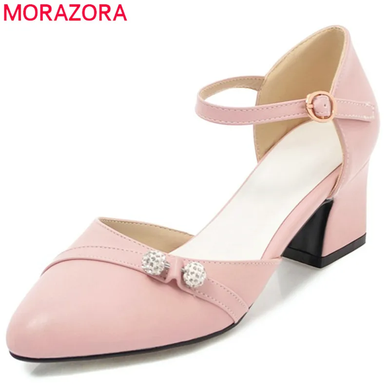 

MORAZORA new pointed toe pumps women shoes with crystal buckle square heels high heel party wedding shoes female shoes