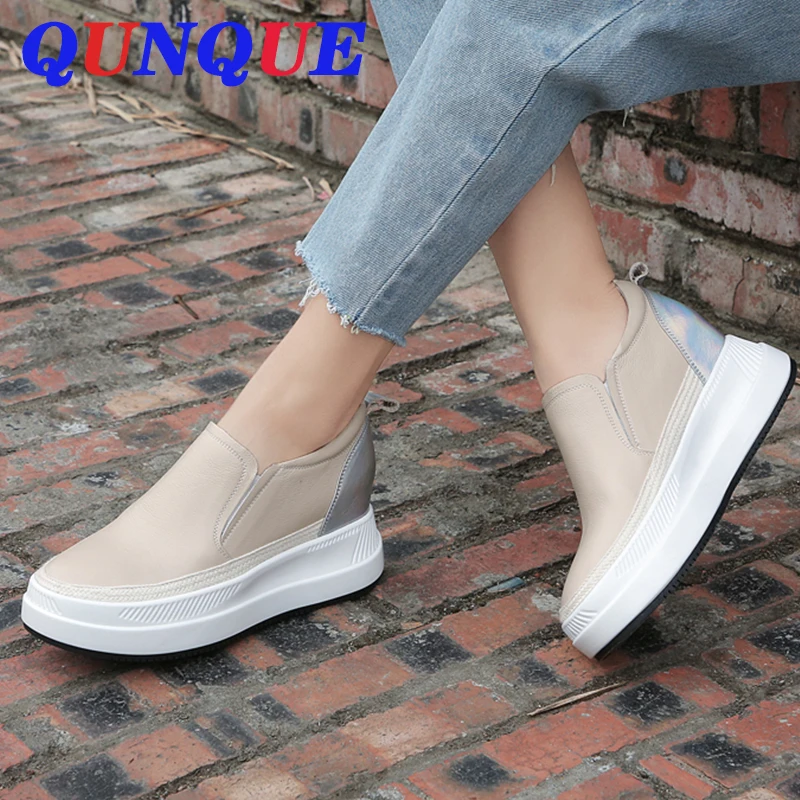 

Women Flat Increase Shoes Slip On Casual Platform Shoes women Genuine Leather casual Round head toe Beige Black a051