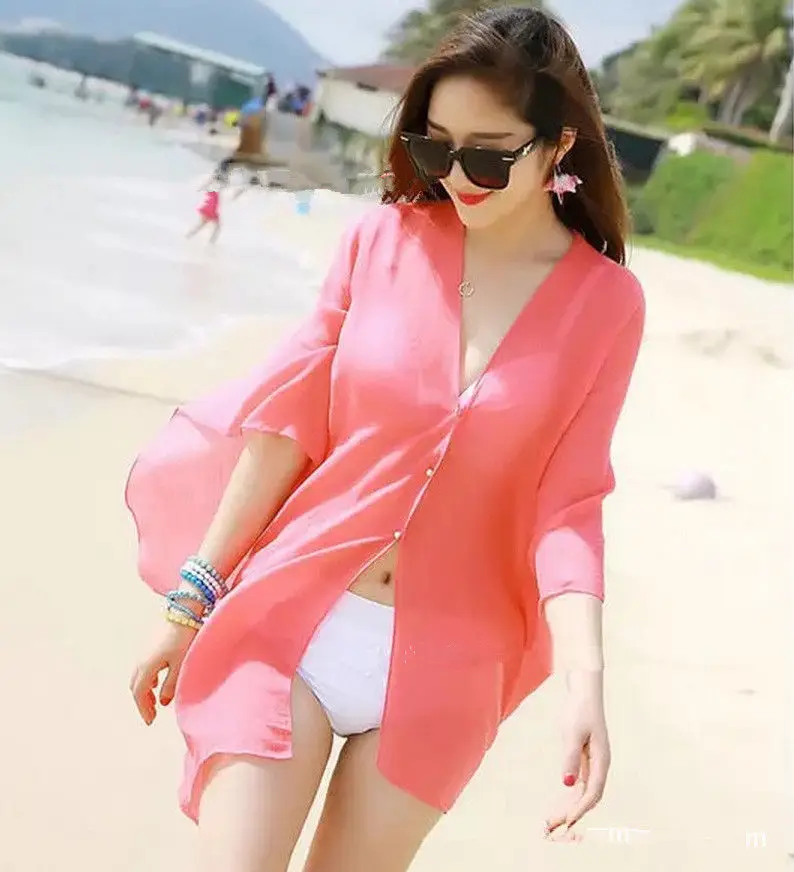 Одноцветный пляжный марлевый сексуальный женский пляжный костюм бикини накидка кафтан пляжная одежда летнее яркое пляжное платье Сарафан - Цвет: I