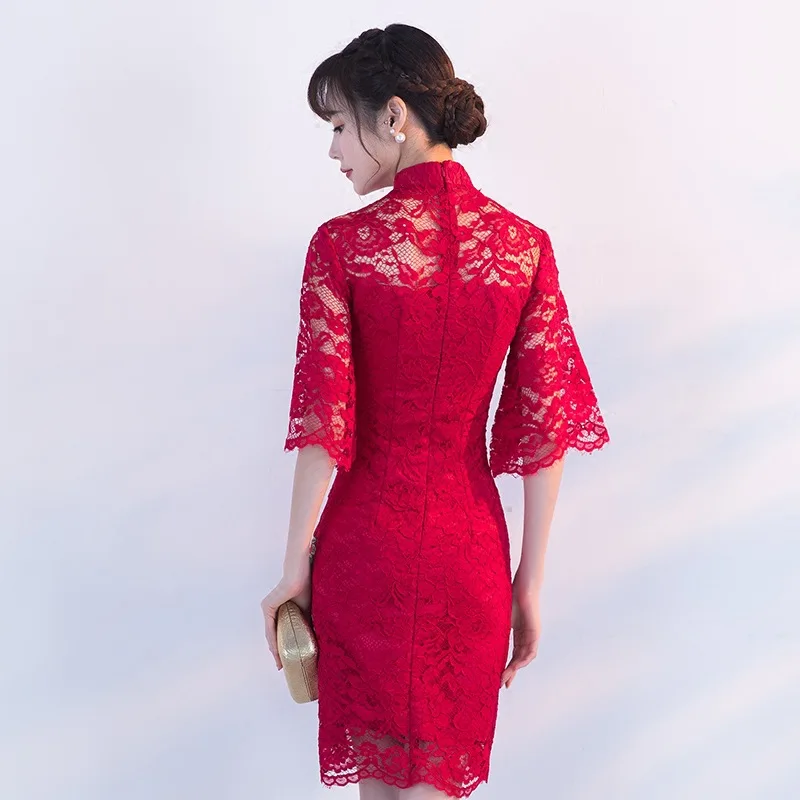 Традиционное китайское платье Qipao красные женские вечерние платья винтажные Cheongsam для женщин невесты короткие кружевные современные Cheongsam