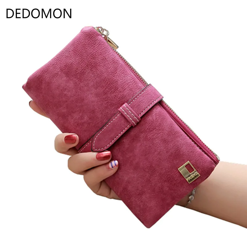 2018 Solid font b Drawstring b font Nubuck Leather Zipper Long Women Wallet Phone font b