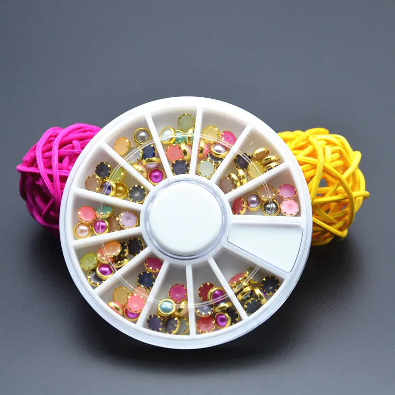 

Colorful Acrylic Edge Half Round Pearl 3D Giltter Rhinestone Gem Crystal Salon Wheel Nail Art Manicure Decoration DIY Tips Tools