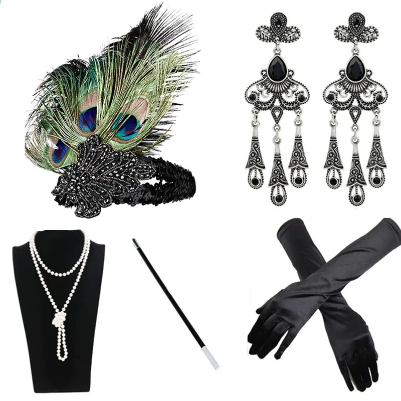 Для женщин 1920s Великий Гэтсби оголовье с жемчугом и Цепочки и ожерелья длинные перчатки колготки мундштук Гэтсби вечерние Хлопушки костюм, 5 шт. в наборе