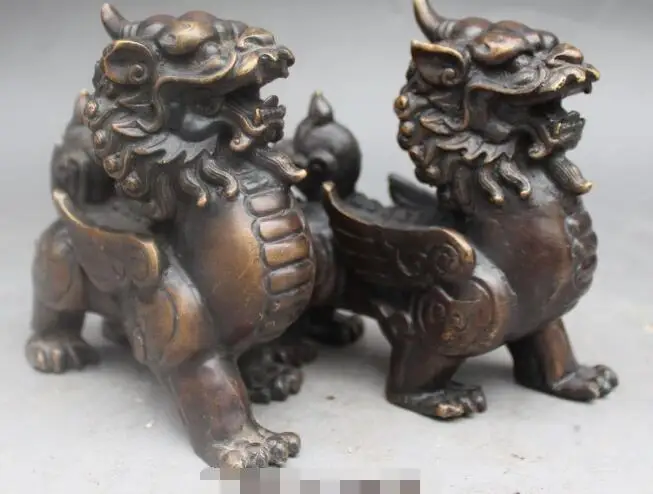 

S1924 5" Chinese Bronze Guardian Dragon Beast Pi Xiu Brave troops Unicorn Statue Pair