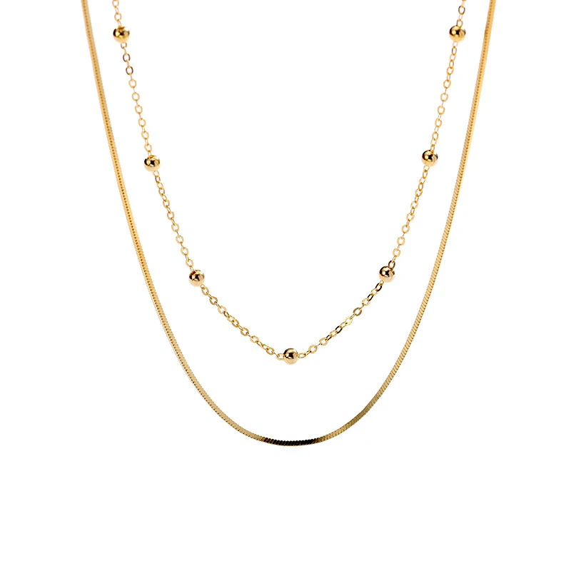 

925 Sterling Silver Choker For Women Party Jewelry Girls Lucky Birthday Gift 18K Gold Double Layer Snake & Bead Chain Necklace