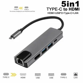 

5 in 1 USB C Type C HD Output 4K HDMI USB 3.0 RJ45 Adapter HUB For MacBook Pro