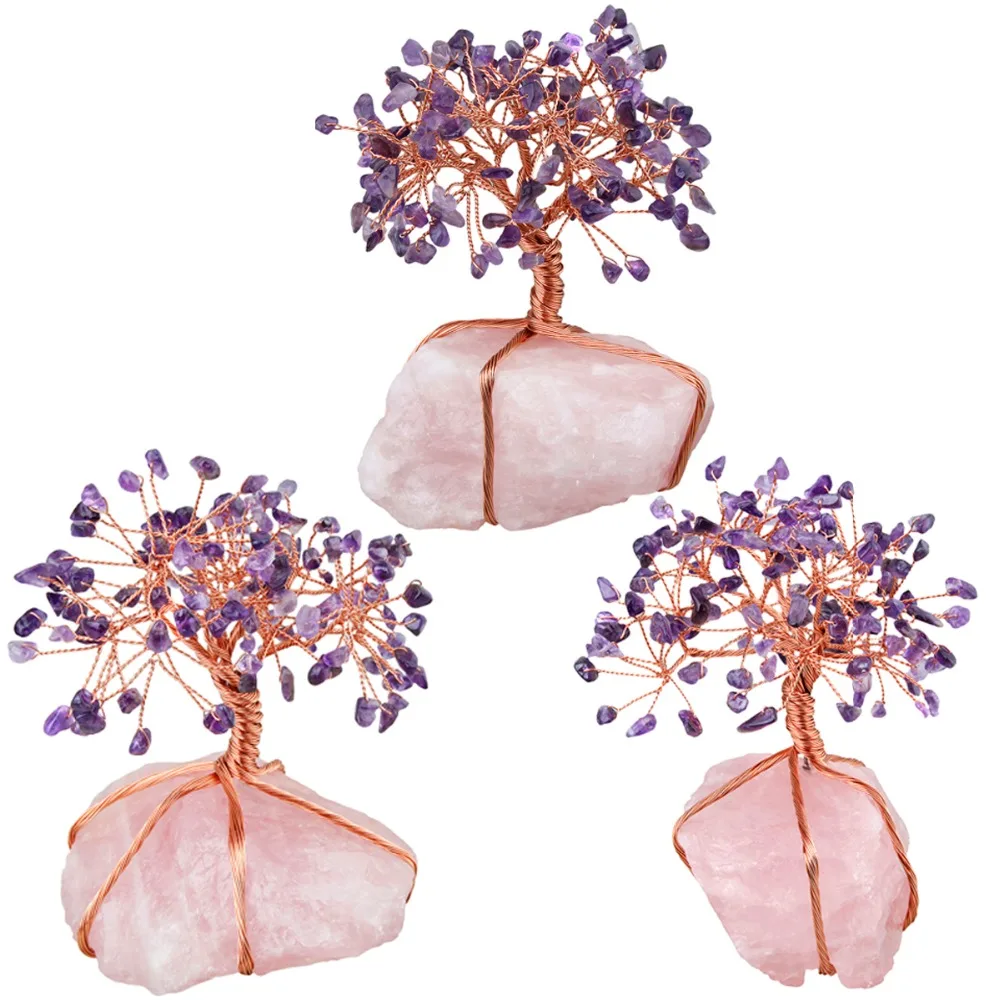 SUNYIK Natural Rose Quartz Cluster Base Crystal Money Tree Bonsai Figurine for Wealth Luck Jewelry Packaging