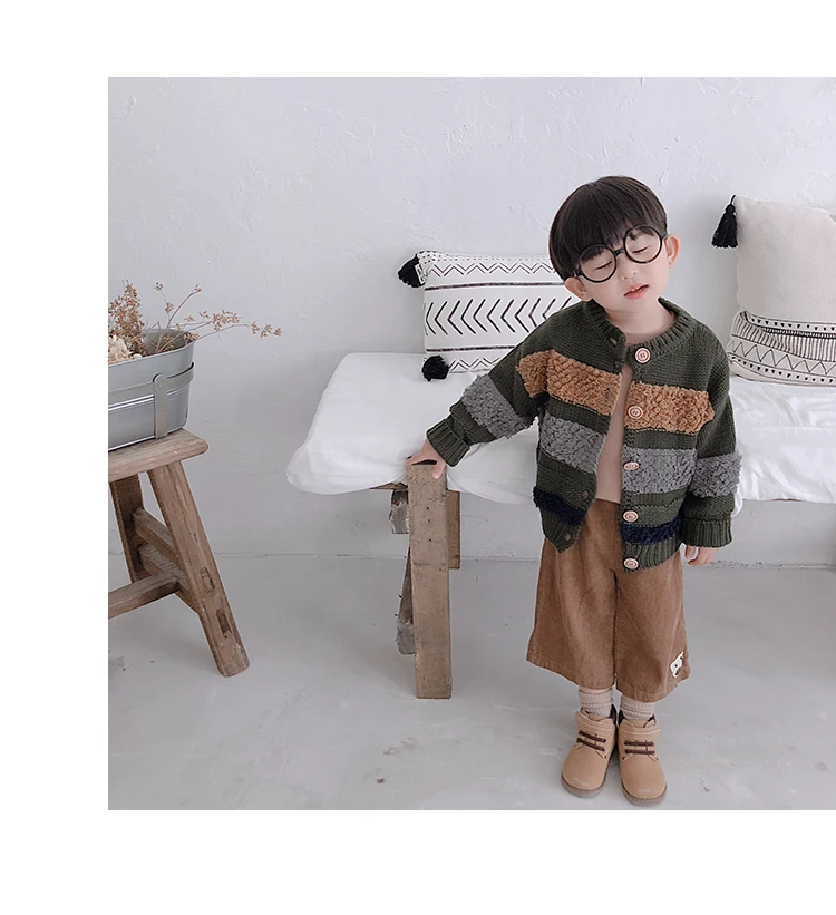 Корейский стиль; сезон осень-зима; свитер в полоску из берберского флиса; кардиган для маленьких мальчиков; Детские теплые свитера с длинными рукавами; пальто