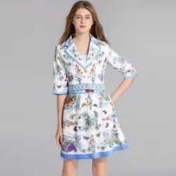 Qian Han Zi Модный комплект для подиума, женский короткий рукав, отложной воротник, короткое пальто + плиссированная юбка, цветочный принт