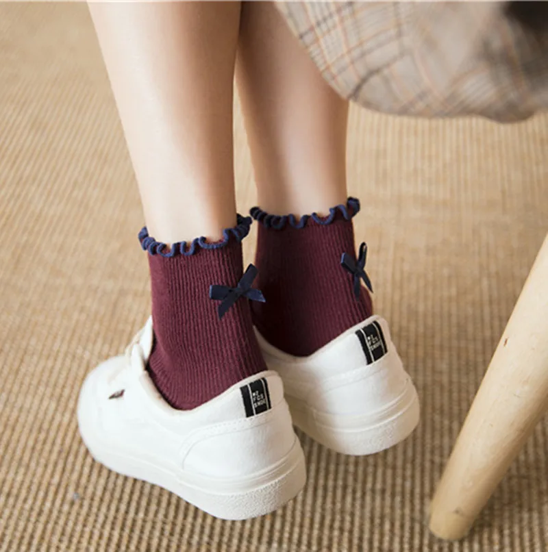 

Women Autumn Funny After The Heel Ribbon Small Bow Tie Cotton Solid Color Short Socks Under Boots Ankle Socks 7 Colors Available