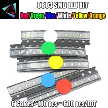 6 значений X100 шт = 600 шт(600 шт./лот) 0603 SMD СВЕТОДИОДНЫЙ Набор красный желтый синий Изумрудный зеленый оранжевый белый 6 цветов каждый 100 шт