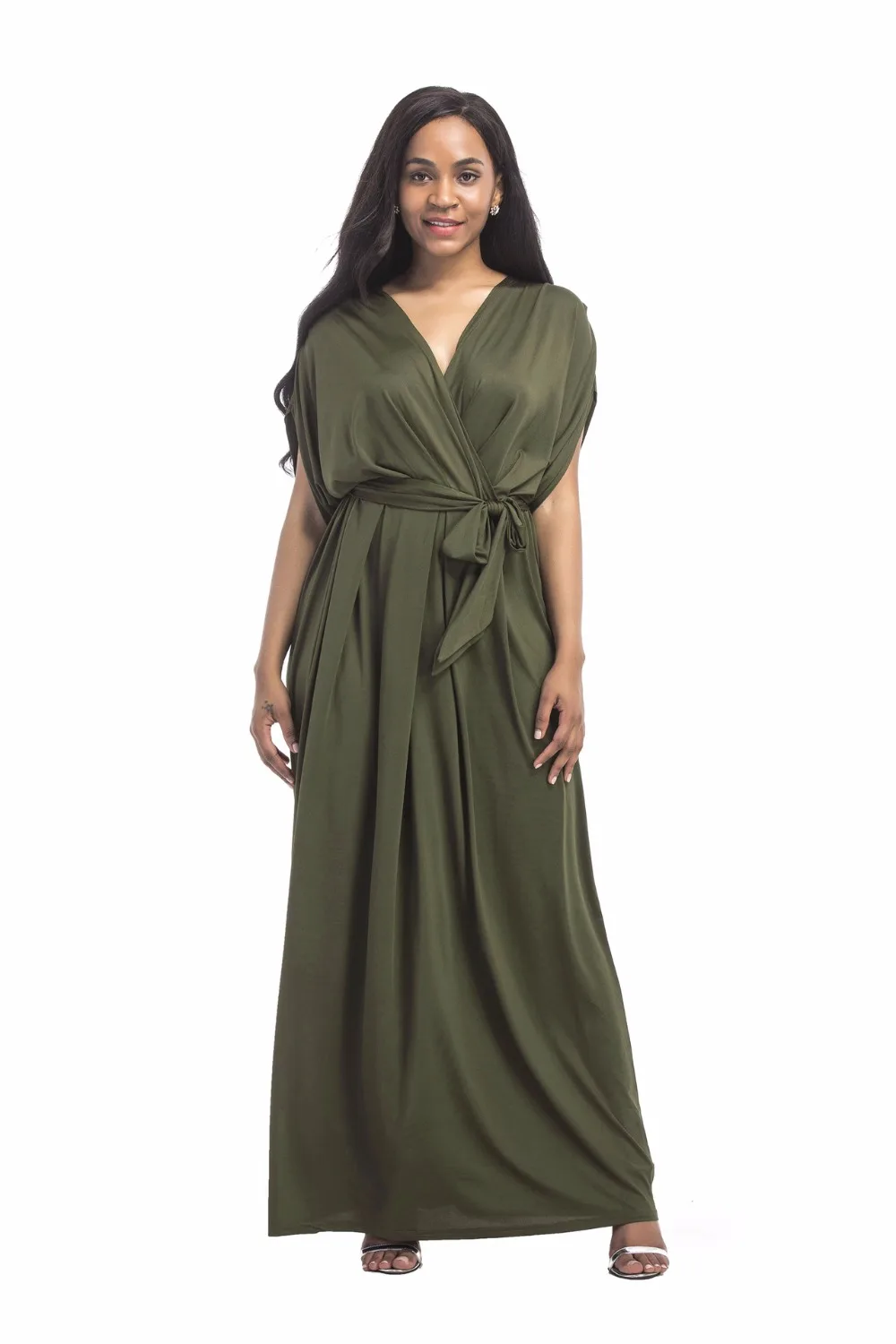

Women Solid Color Deep V Neck Irregular Bat Sleeve Long Dress Ankle Length Sashes Tunic Office Dress For Fat Robe Female Vestido