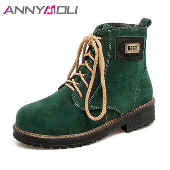 

ANNYMOLI Women Ankle Boots Platform Winter Spring Shoes Sewing Lace Up Boots Flat Round Toe Women Female Boots Big Size 43 Black