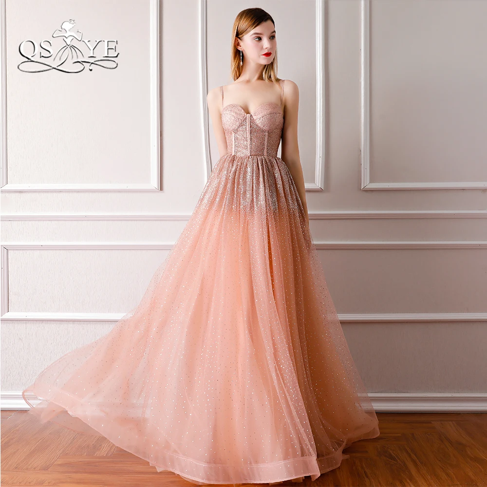 

QSYYE 2018 Sparking Beading Formal Evening Dresses Spaghetti Straps Sweetheart Floor Length Tulle Long Prom Dress for Party