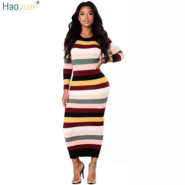 Haoyuan Striped Maxi Dress Long Sleeve Vintage Bodycon Sweater Haoyuan Striped Maxi Dress Long Sleeve Vintage Bodycon Sweater Elegant Las Autumn Winter Women