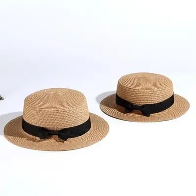 Популярная Солнцезащитная шляпа для родителей и детей, женские и мужские солнцезащитные шляпы, соломенная шляпа ручной работы с бантом, пляжная шляпа с плоским козырьком, Повседневная летняя кепка для девочек 52-55-58см - Цвет: Khaki