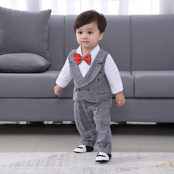 

fashion Baby Boys Rompers Tie Gentleman Grey Blue Stripe grid Long Sleeve Jumpsuits + Vest Infant Clothing