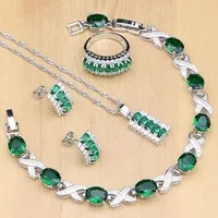 Серебро 925, Свадебные Ювелирные наборы, зеленый камень для женщин, серьги, кольца, дропшиппинг ожерелий, набор, Дубай, ювелирные изделия