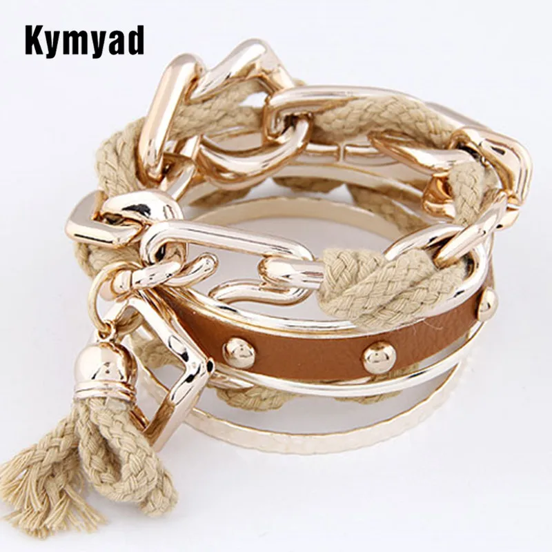

Kymyad Tassel Gold Color Bracelets & Bangles Women Bracelet Manchette Colorful Rope Women Bracelets &Bangles Sets Feminina