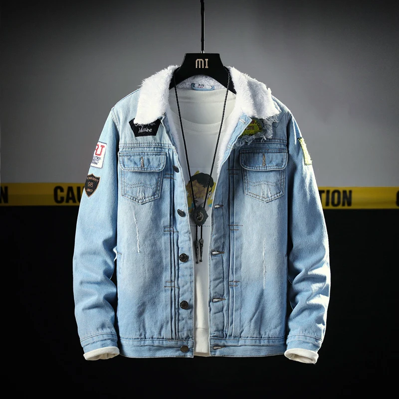 

Fashion Winter Warm Jacket Men Blue Color Thick Fleece Parka Men Outwear Hip Hop Denim Bomber Jacket Hombre Velvet Coat Male