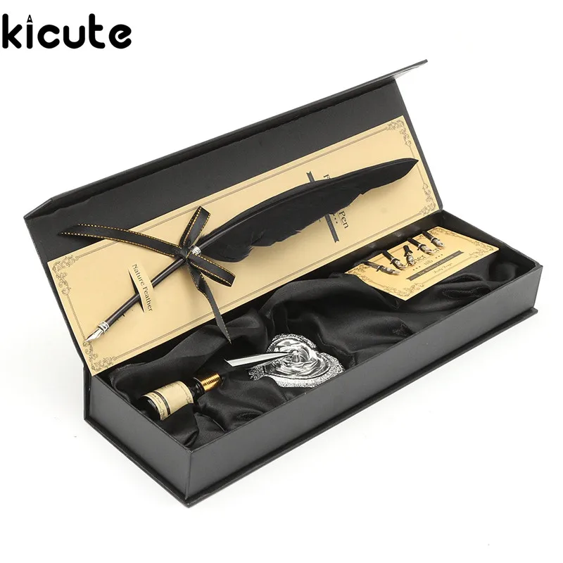 Kicute Vintage Black Swan Feather Quill Metal Dip Pen Set With 5 Nips Writing Ink Set Case Box Fountain Pen Stationery Supplies