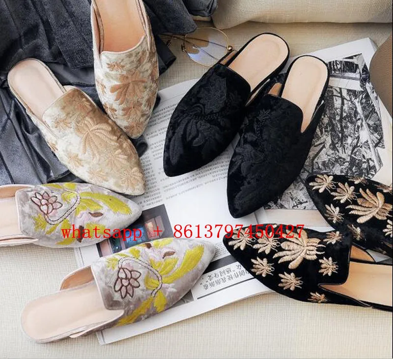 ФОТО Fashion Suede Leather Embroidery Woman Slippers Flower and Leaves  Flat Slippers Patchwork Woman Shoes 