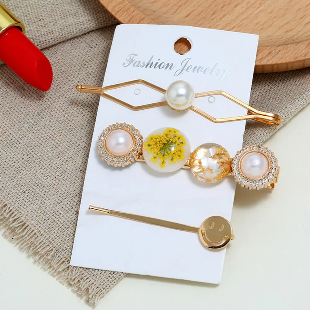 Geometric Resin Cherry Round Female Three-piece Hair Clips Smiley Hairpin Imitation Pearl Girl Metal Side Clip Headwear | Украшения и