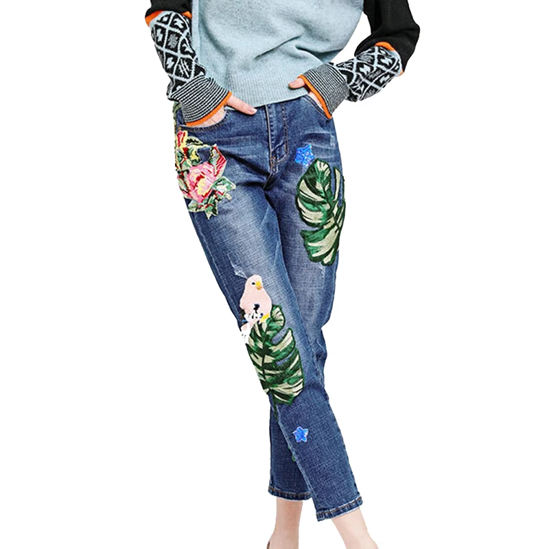 Женские джинсы с вышивкой, высокая талия, тонкие, эластичные, свободные, синие, длина по щиколотку, брюки, листья, цветы, высокое качество, женские джинсы
