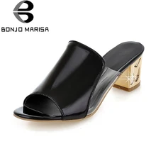 BONJOMARISA 2019 Fashion Peep Toe Square High Heels Women Shoes Woman Summer Pumps Slip On Black Mules Shoes Size 34-39 bonjomarisa 2018 kid suede large size 33 40 women shoes woman slip on chunky heels mules pumps woman shoes