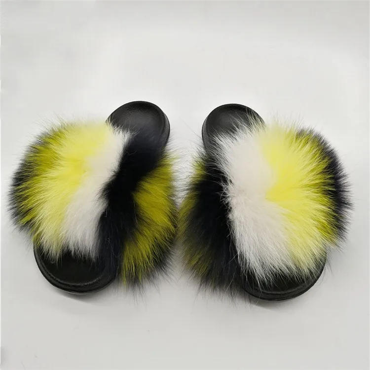 Women Fox Fur Slippers Real Fox Fur Slides Lovely Plush Slippers Woman Summer Home Sandals Women Fur Slides Furry Flip Flops Hot