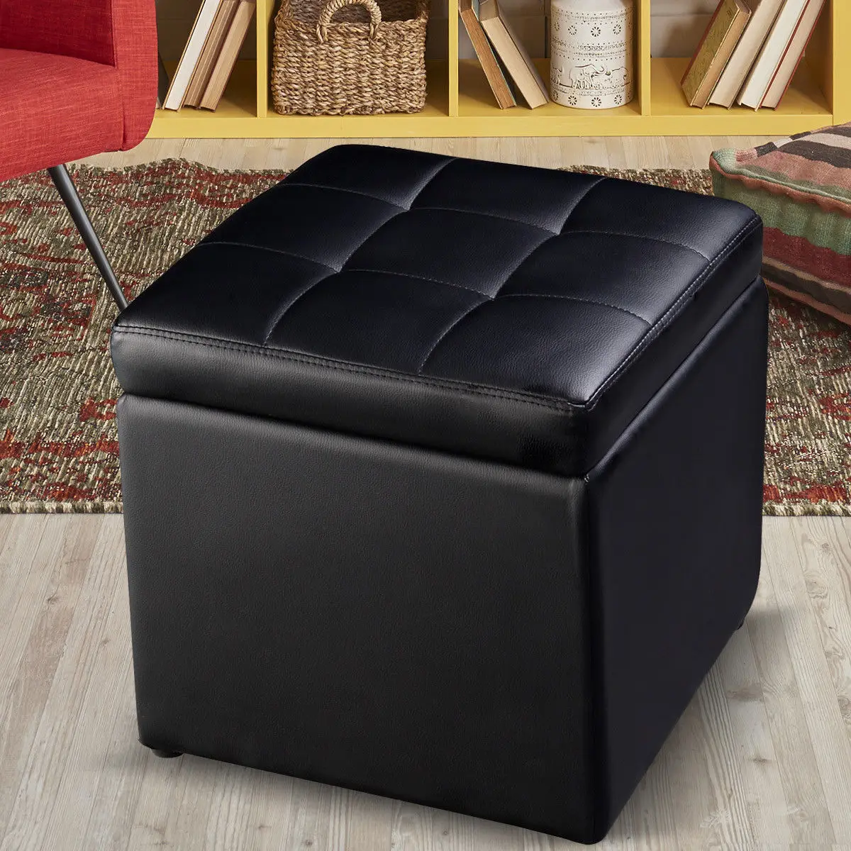 Best Costway 16 #039; #039;Cube Ottoman Pouffe Storage Box Lounge Seat Footstools with Hinge Top black