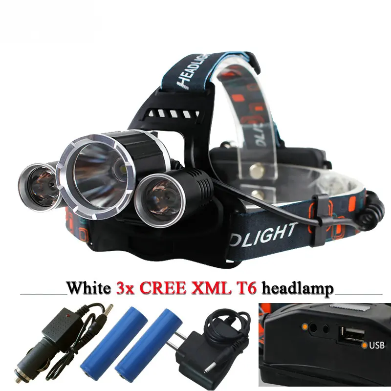 

3T6 USB jack 10000 lumens led headlamp headlight CREE XML T6 waterproof head Flashlight head light 18650 Rechargeable battery