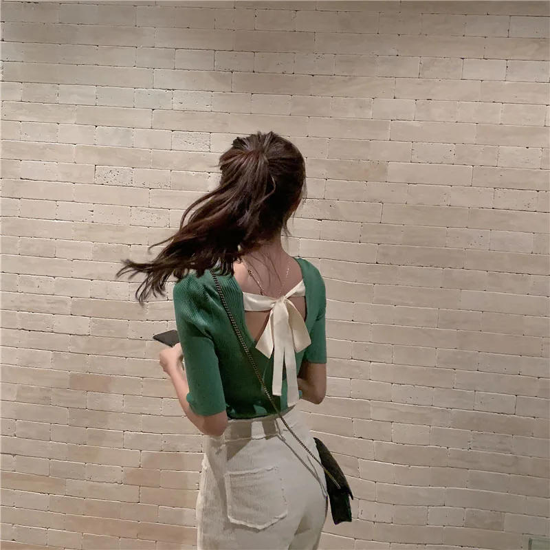 

hollow out knitted Women's Clothing bow Bandage Slim fit crop top T-shirts chic sexy woman tops fashion summer style tees new