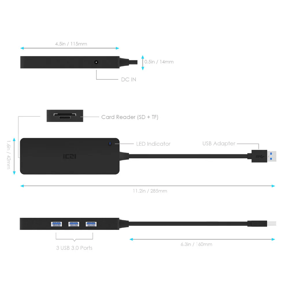 ICZI USB 3.0 Hub عالية السرعة الخارجية USB 3.0 الموانئ لنقل البيانات SD + TF محور لماك ويندوز وأجهزة الكمبيوتر المحمولة USB محاور